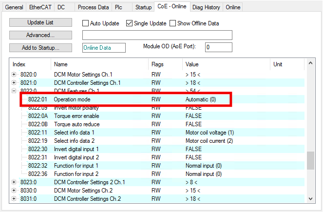 Selection of the operating mode 1: