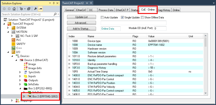 Open the parameter directory (CoE) 1: