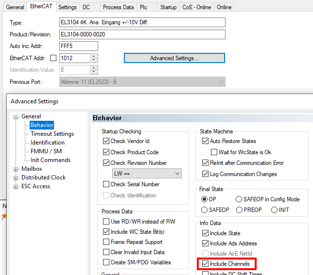 Displaying channels in InfoData (Include Channels) 1: