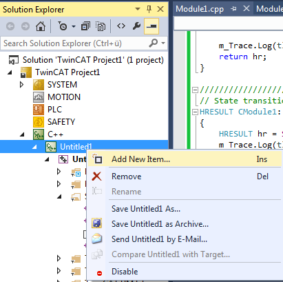 Create TwinCAT 3 C++ Module instance 1: