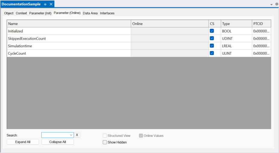 Parameter (Online) tab 1: