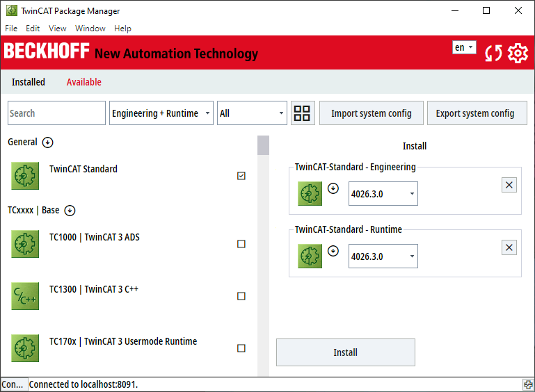 User interface TwinCAT Package Manager 1: