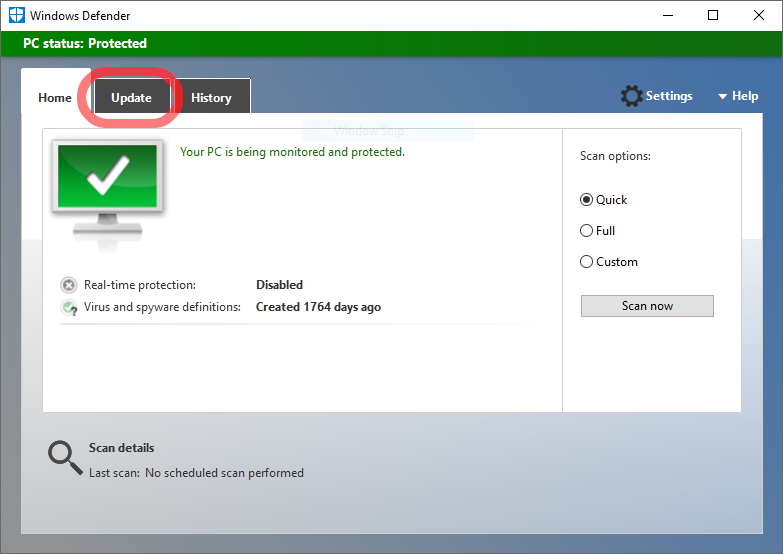 Update Windows Defender and perform a scan 4: