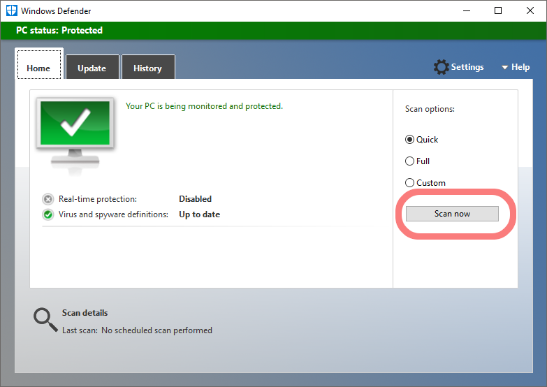 Update Windows Defender and perform a scan 9: