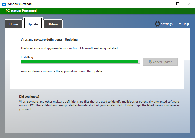Update Windows Defender and perform a scan 6: