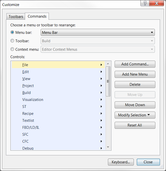 Dialog Customize - Commands tab 1: