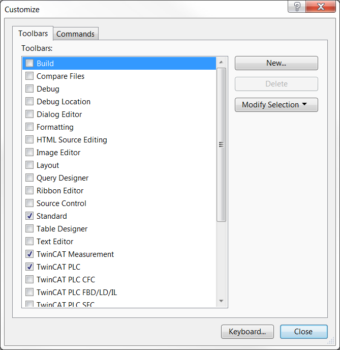 Dialog Customize - Toolbars tab 1: