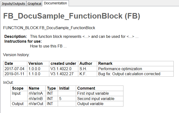 Documentation of a function block 1: