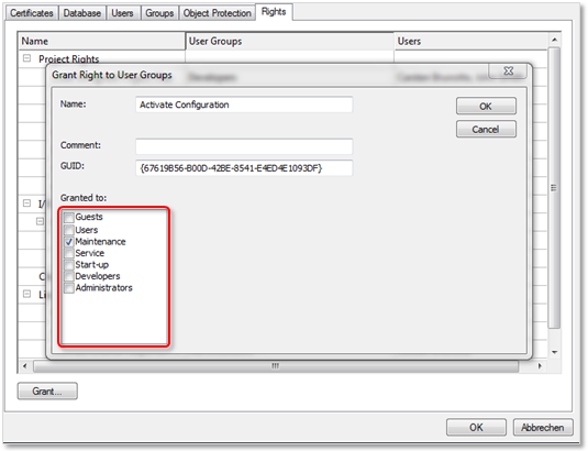 Adjusting the access rights of user groups 4: