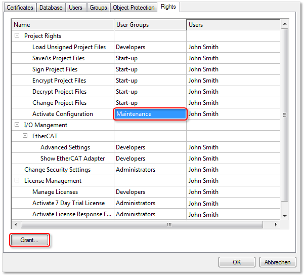 Adjusting the access rights of user groups 3: