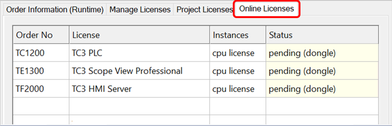 Online Licenses tab 1: