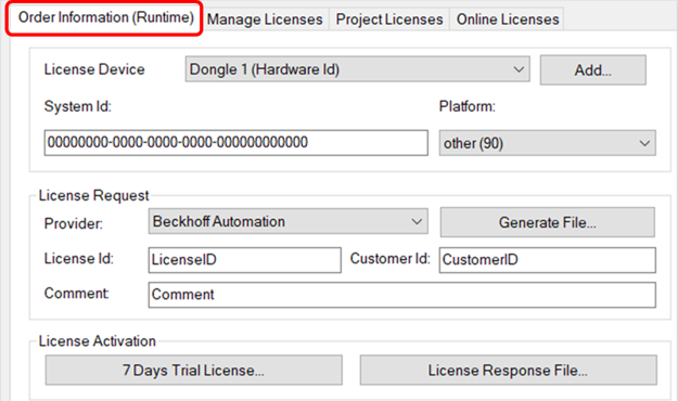 Order Information (Runtime) tab 1: