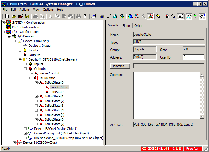 Example: Manual linking of hardware (terminal), BACnet BinaryInput and PLC program 1: