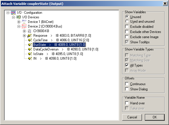 Example: Manual linking of hardware (terminal), BACnet BinaryInput and PLC program 2: