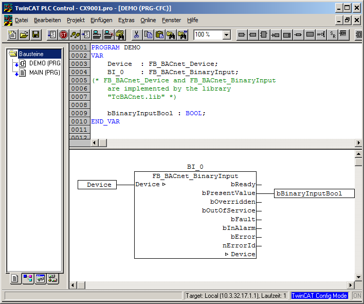Example: Manual linking of hardware (terminal), BACnet BinaryInput and PLC program 10:
