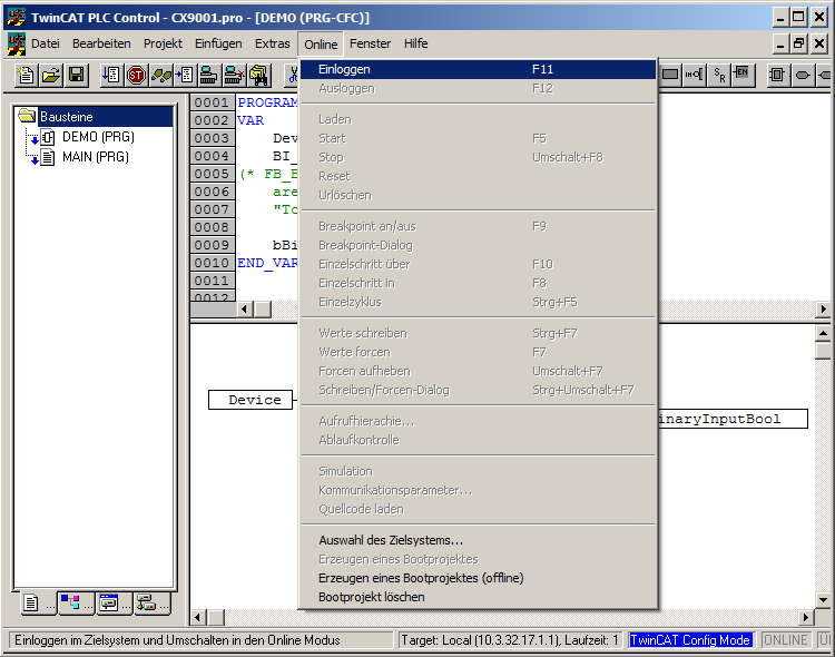 Example: Manual linking of hardware (terminal), BACnet BinaryInput and PLC program 19: