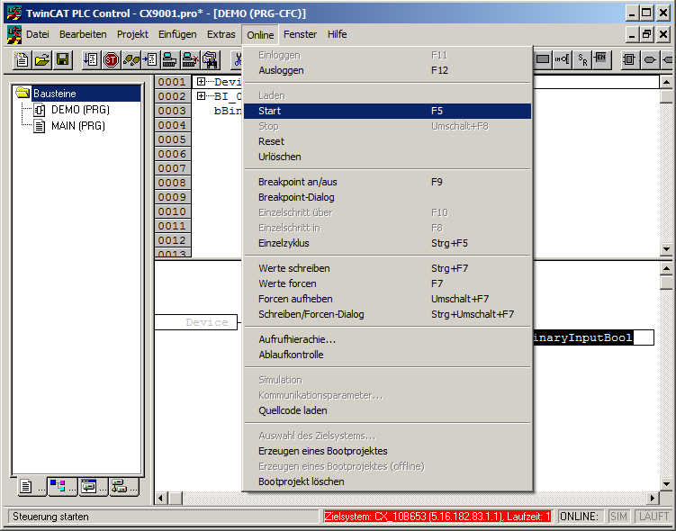 Example: Manual linking of hardware (terminal), BACnet BinaryInput and PLC program 20: