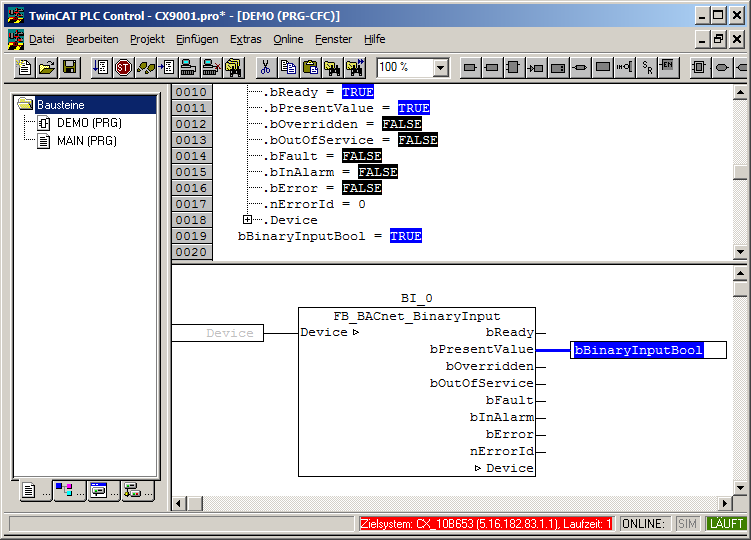 Example: Manual linking of hardware (terminal), BACnet BinaryInput and PLC program 21: