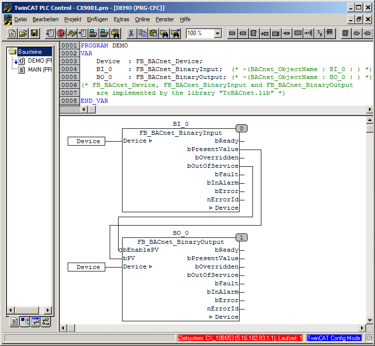 Example: Linking of BinaryInput and BinaryOutput objects in the PLC program 2:
