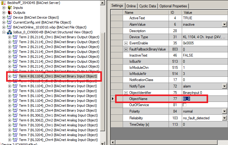 Example: Linking of BinaryInput and BinaryOutput objects in the PLC program 5: