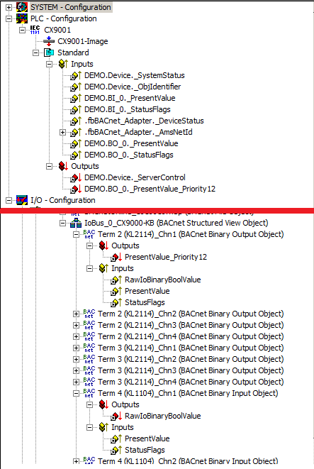 Example: Linking of BinaryInput and BinaryOutput objects in the PLC program 7: