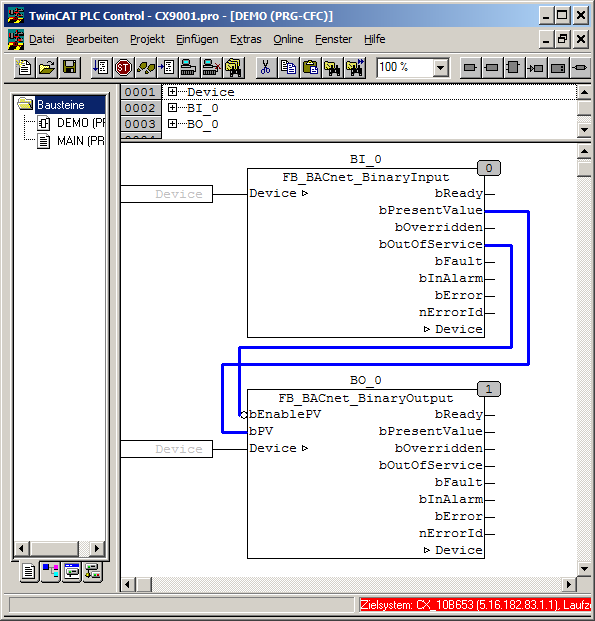 Example: Linking of BinaryInput and BinaryOutput objects in the PLC program 10: