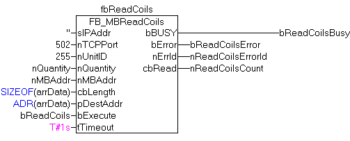 FB_MBReadCoils (Modbus function 1) 2:
