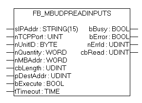FB_MBUdpReadInputs (Modbus function 2) 1: