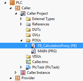 Creating an FB which likewise offers this functionality there as a simple proxy in the second PLC, 1: