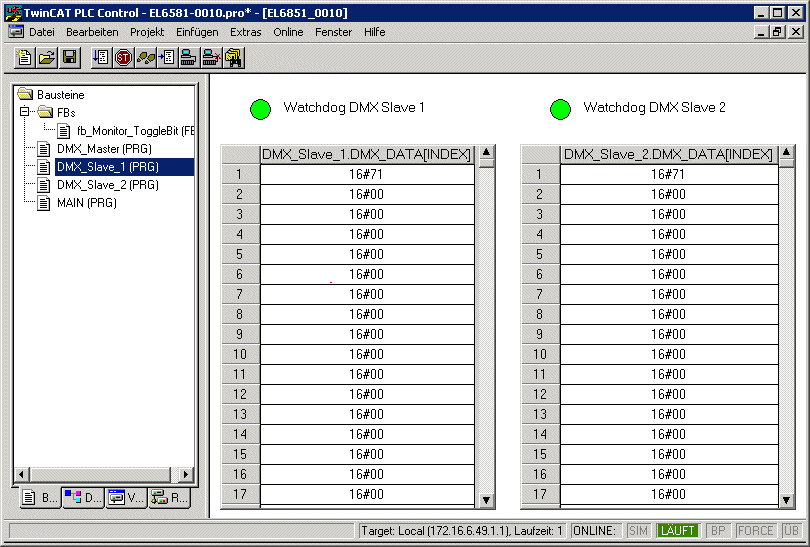 Receipt of 64 bytes data to two DMX slaves (EL6851-0010) in each case 5: