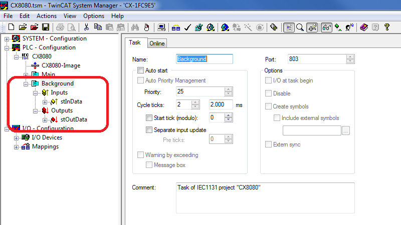 Configuration in the TwinCAT System Manager 2: