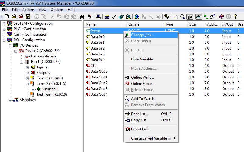 Linking the communication variables when using a KL6021 2: