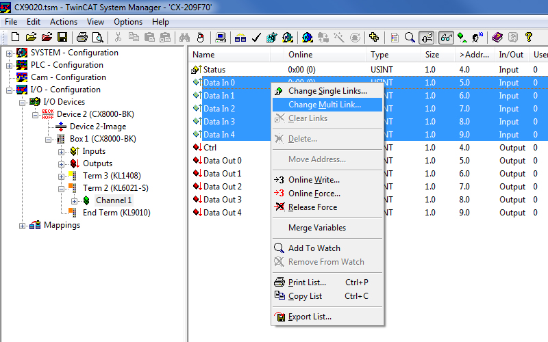 Linking the communication variables when using a KL6021 4: