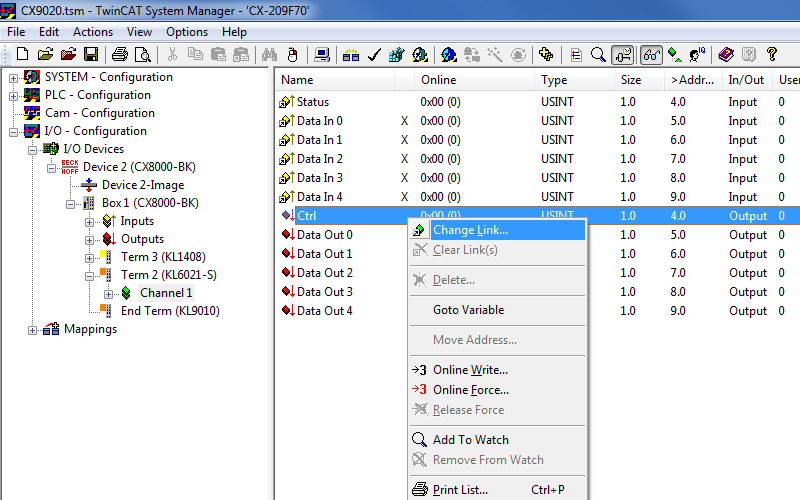 Linking the communication variables when using a KL6021 5: