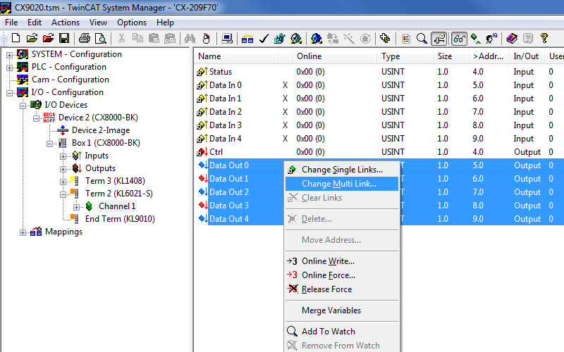 Linking the communication variables when using a KL6021 7: