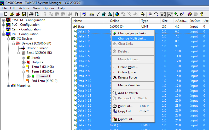 Linking the communication variables when using a KL6041 4: