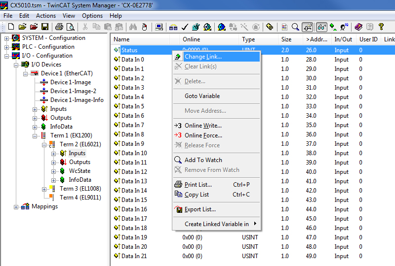 Configuration in the TwinCAT System Manager 2: