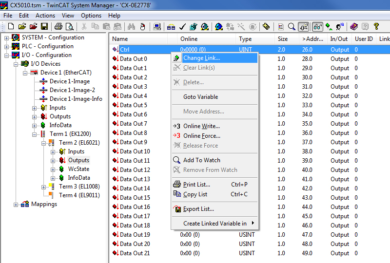 Configuration in the TwinCAT System Manager 7: