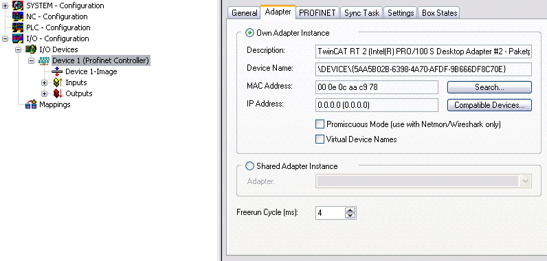 Integration of the TwinCAT PROFINET controller protocol via a Real-Time Ethernet interface 1: