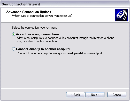 Setting up an incoming analogue modem connection under Windows XP 2: