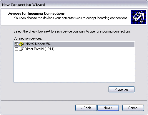 Setting up an incoming analogue modem connection under Windows XP 3: