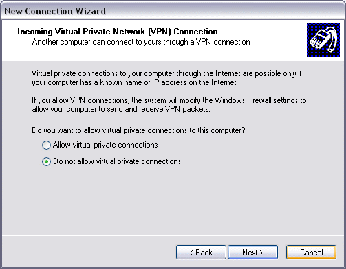 Setting up an incoming analogue modem connection under Windows XP 4: