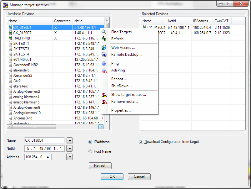 Dialog 'Manage target systems' 2: