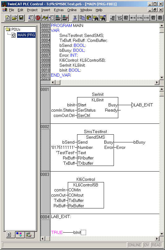 Sending an SMS Using a Function Block in the BC via KL6001 1: