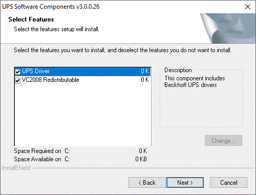 Installation of the UPS software components from Beckhoff driver archive CD/DVD 3: