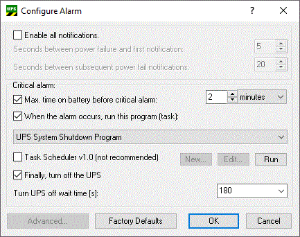 Alarm configuration dialog 1: