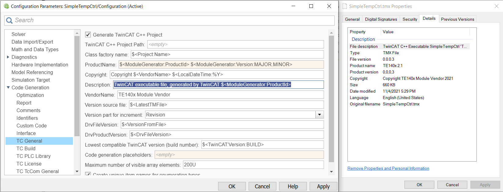 Configuration of the TMX file properties 1: