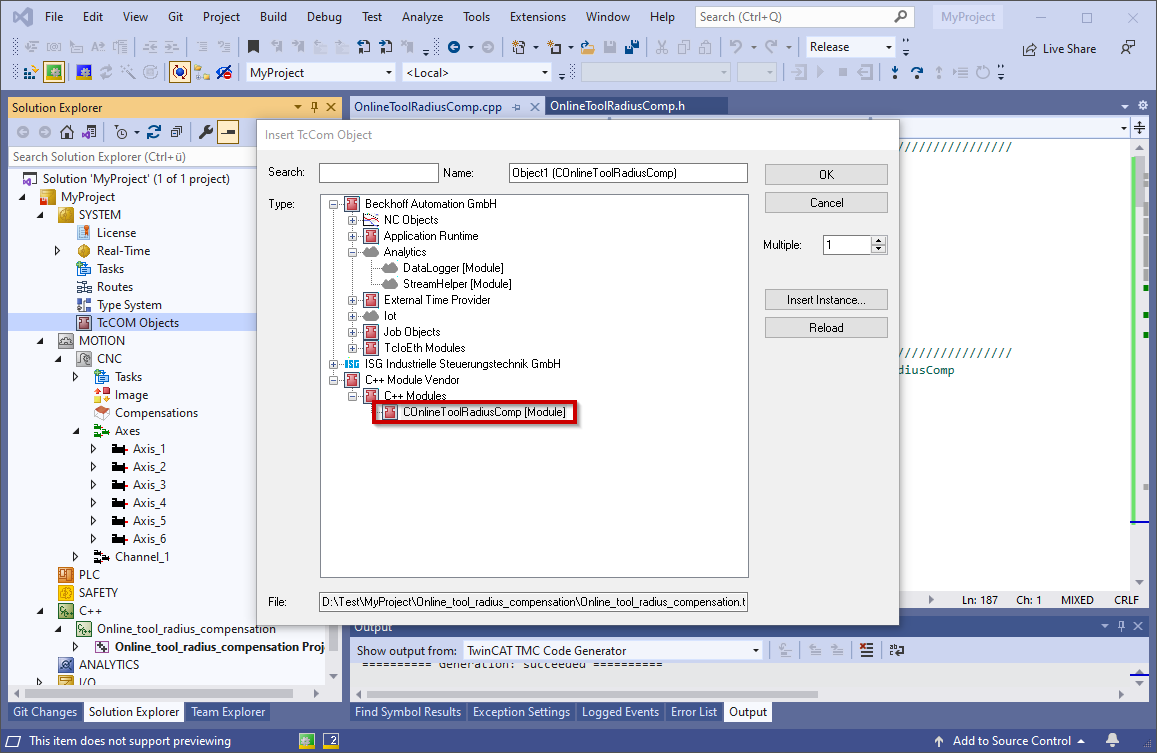 Integrating online tool radius compensation object 1:
