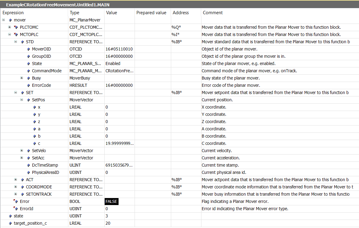 Example "Moving the Planar mover in CRotationFreeMovement mode" 5: