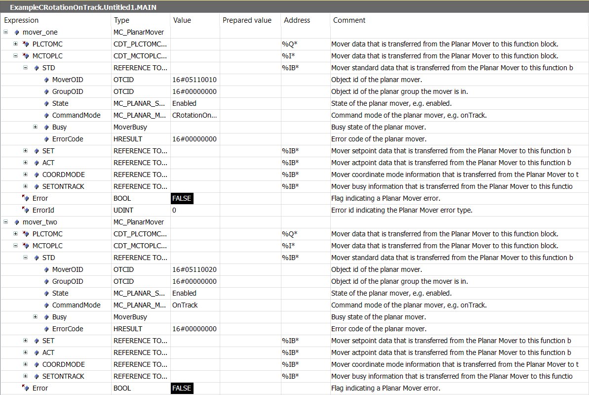 Example "Coupling a Planar mover to a track and moving it in CRotationOnTrack mode" 10: